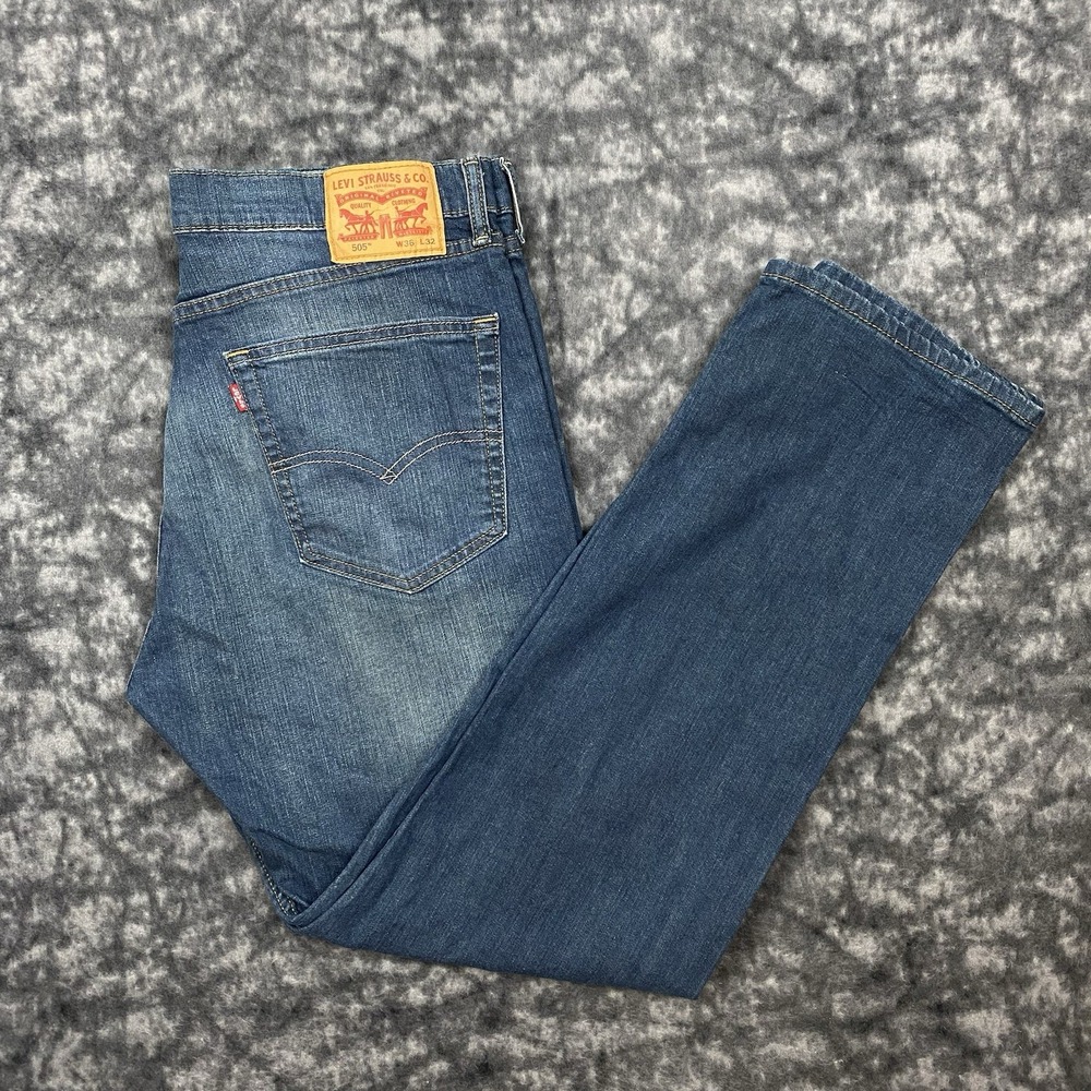 Levis 505 Jeans Mens 36X32 Blue Denim Regular Straight Leg Medium Wash Red Tab